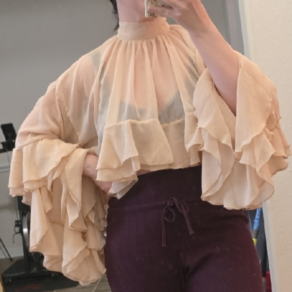 Sheer Ruffle High-Neck Top in Cream